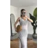 Kadın Beyaz File Örgü Triko Plaj Elbisesi Yırtmaç Detaylı Uzun Pareo Elbise Yazlık Beachwear