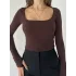 Kahverengi Kare Yaka Parmak Geçirmeli Uzun Kol Candy Body Bluz