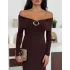 Kahverengi Madonna Yaka Gold Aksesuarlı Uzun Kollu Vucudu Saran Uzun Midi Boy Elbise