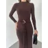 Kahverengi Zr Model Bisiklet Yaka Aksesuarlı Kuşaklı Midi Boy Candy Elbise