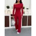 Kırmızı Kayık Yaka Asimetrit Kesim Bluz İspanyol Paça Pantolon İkili Takım