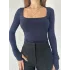 Lacivert Kare Yaka Parmak Geçirmeli Uzun Kol Candy Body Bluz