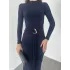 Lacivert Zr Model Bisiklet Yaka Aksesuarlı Kuşaklı Midi Boy Candy Elbise