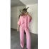 Pembe Keten Oversize Yarasa Kol Gömlek-Palazzo Pantolon İkili Takım