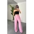 Pembe Keten Yüksek Bel Geniş Paça Palazzo Pantolon