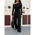 Siyah Kayık Yaka Asimetrit Kesim Bluz İspanyol Paça Pantolon İkili Takım