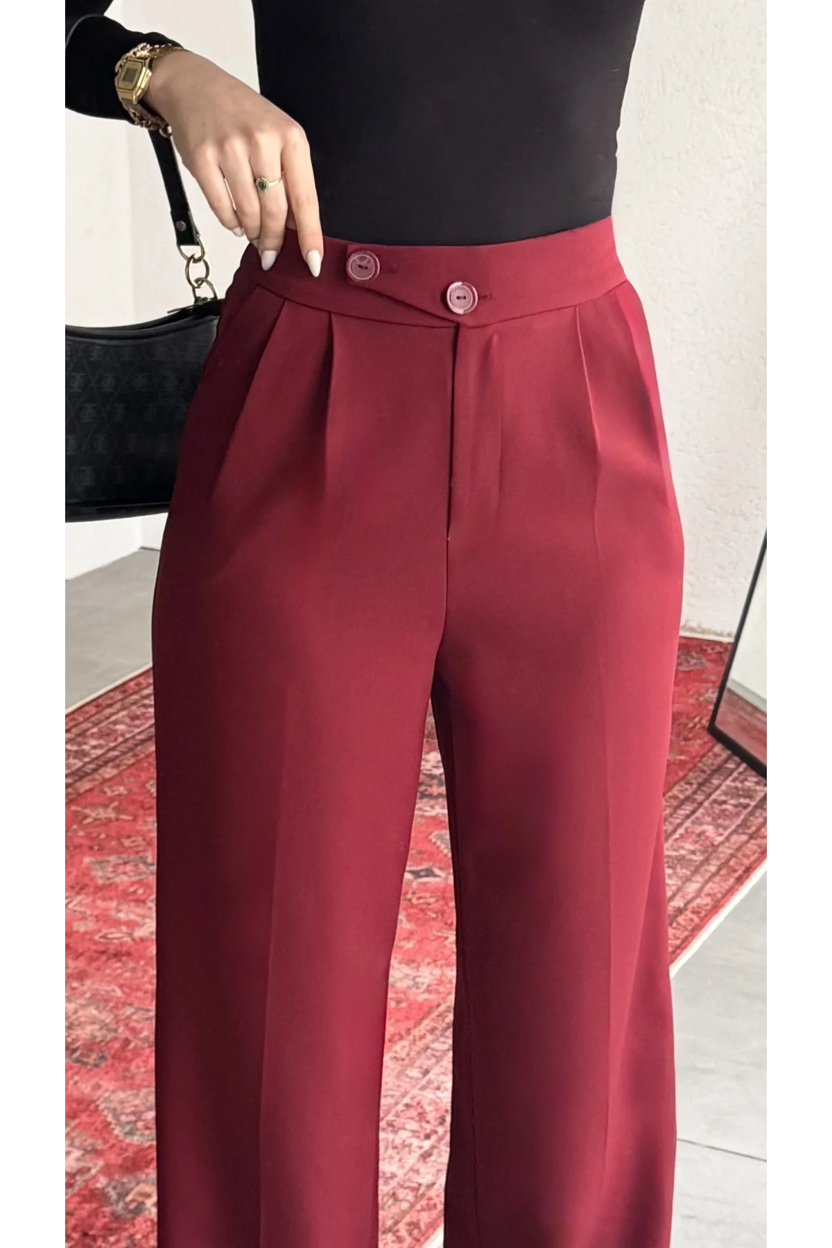 Kadın Bordo Yüksek Bel Pileli Bol Paça Beli Lastikli Kore Model Kumaş Pantolon