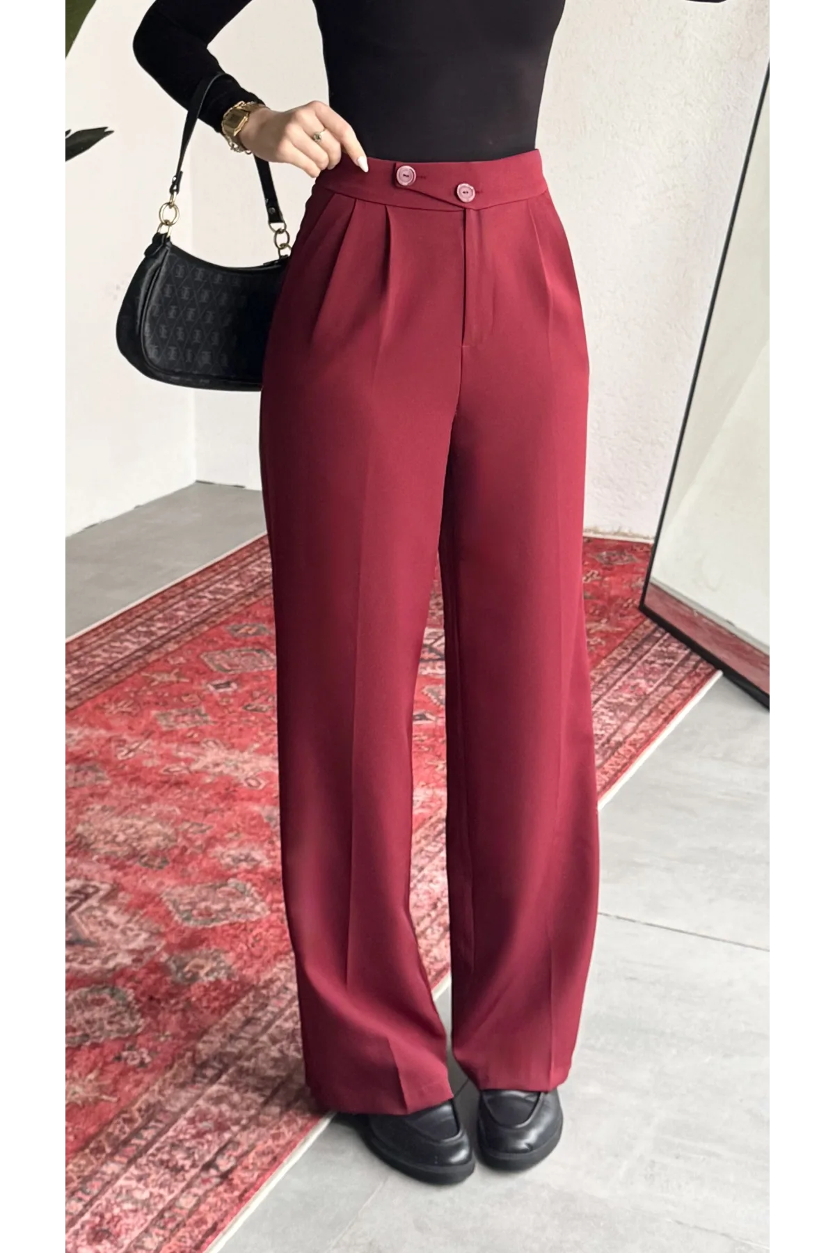 Kadın Bordo Yüksek Bel Pileli Bol Paça Beli Lastikli Kore Model Kumaş Pantolon