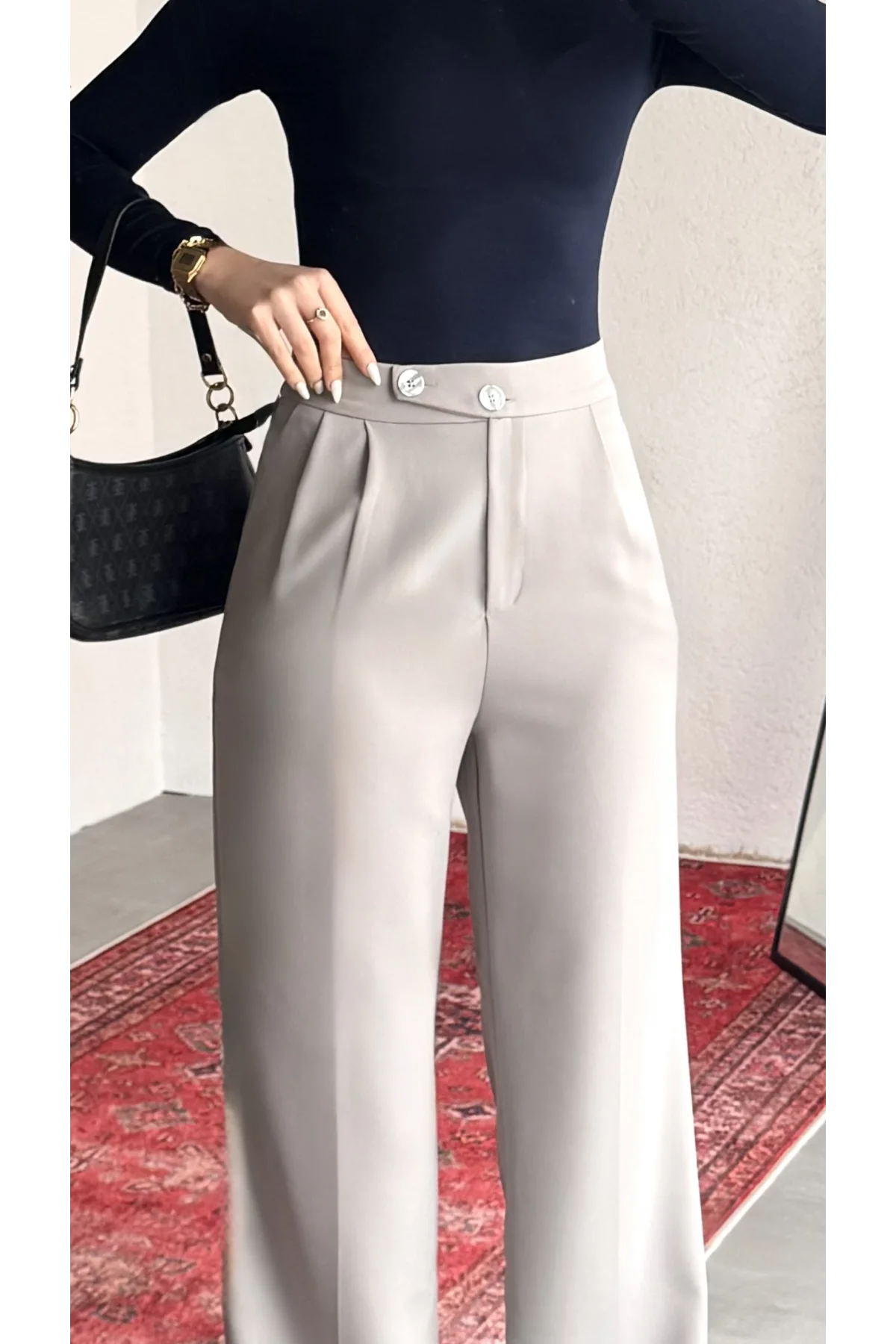 Kadın Gri Yüksek Bel Pileli Bol Paça Beli Lastikli Kore Model Kumaş Pantolon