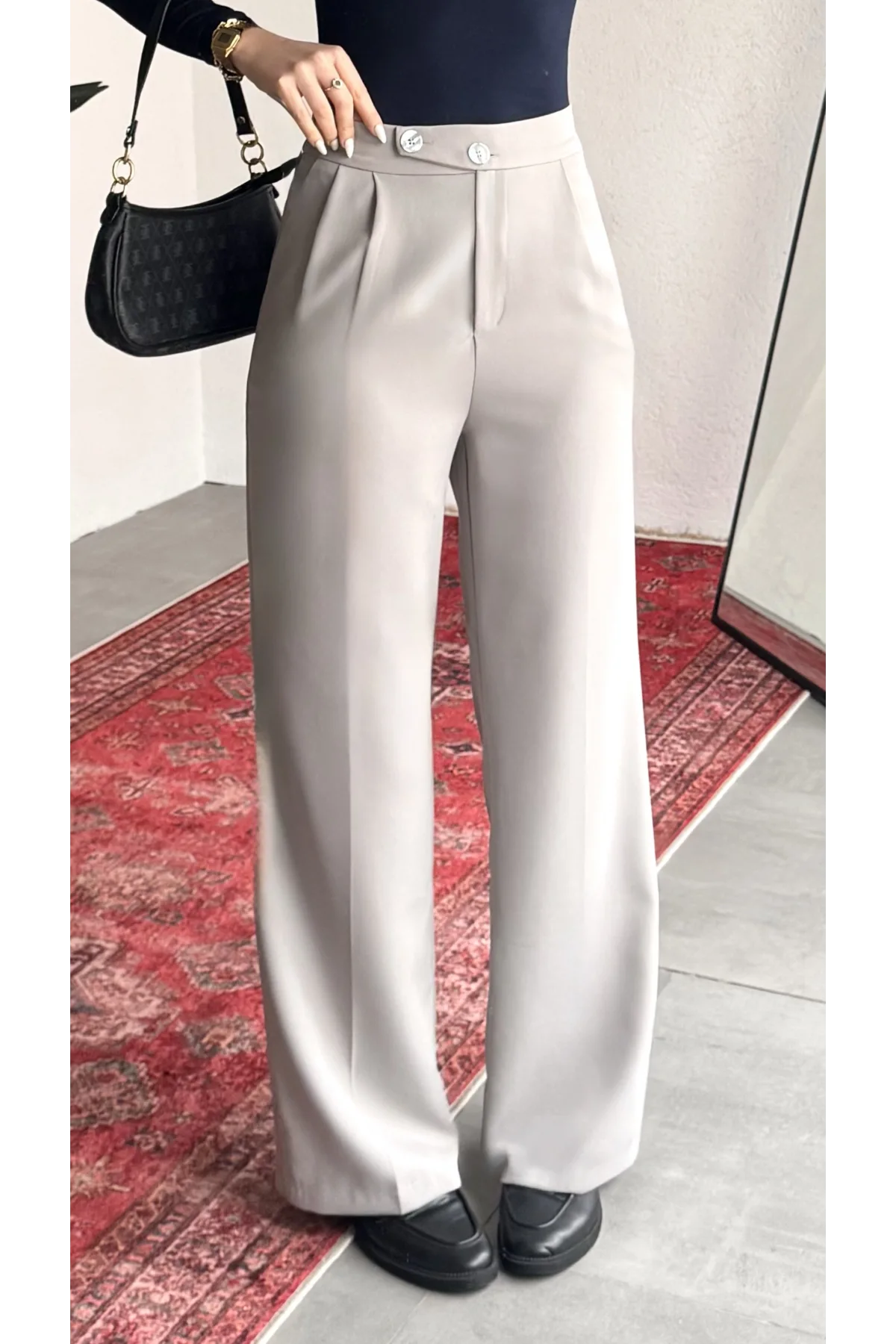 Kadın Gri Yüksek Bel Pileli Bol Paça Beli Lastikli Kore Model Kumaş Pantolon