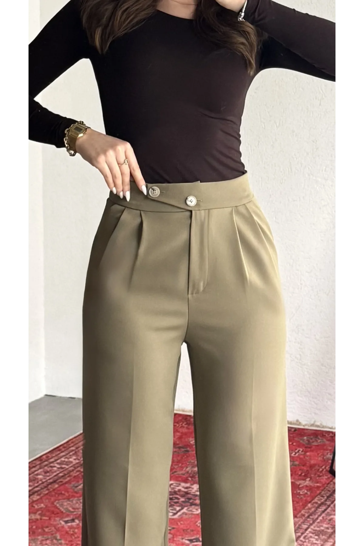 Kadın Haki Yüksek Bel Pileli Bol Paça Beli Lastikli Kore Model Kumaş Pantolon