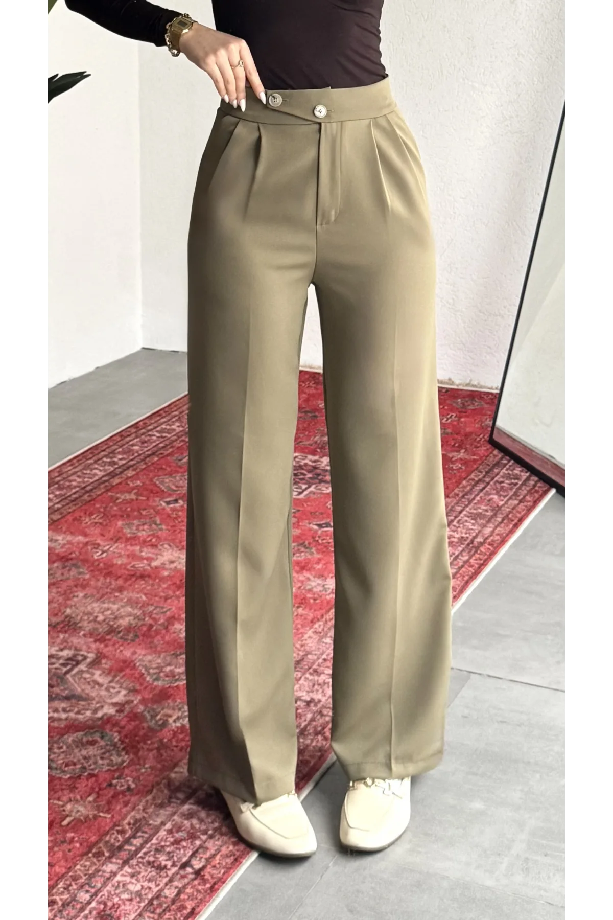 Kadın Haki Yüksek Bel Pileli Bol Paça Beli Lastikli Kore Model Kumaş Pantolon