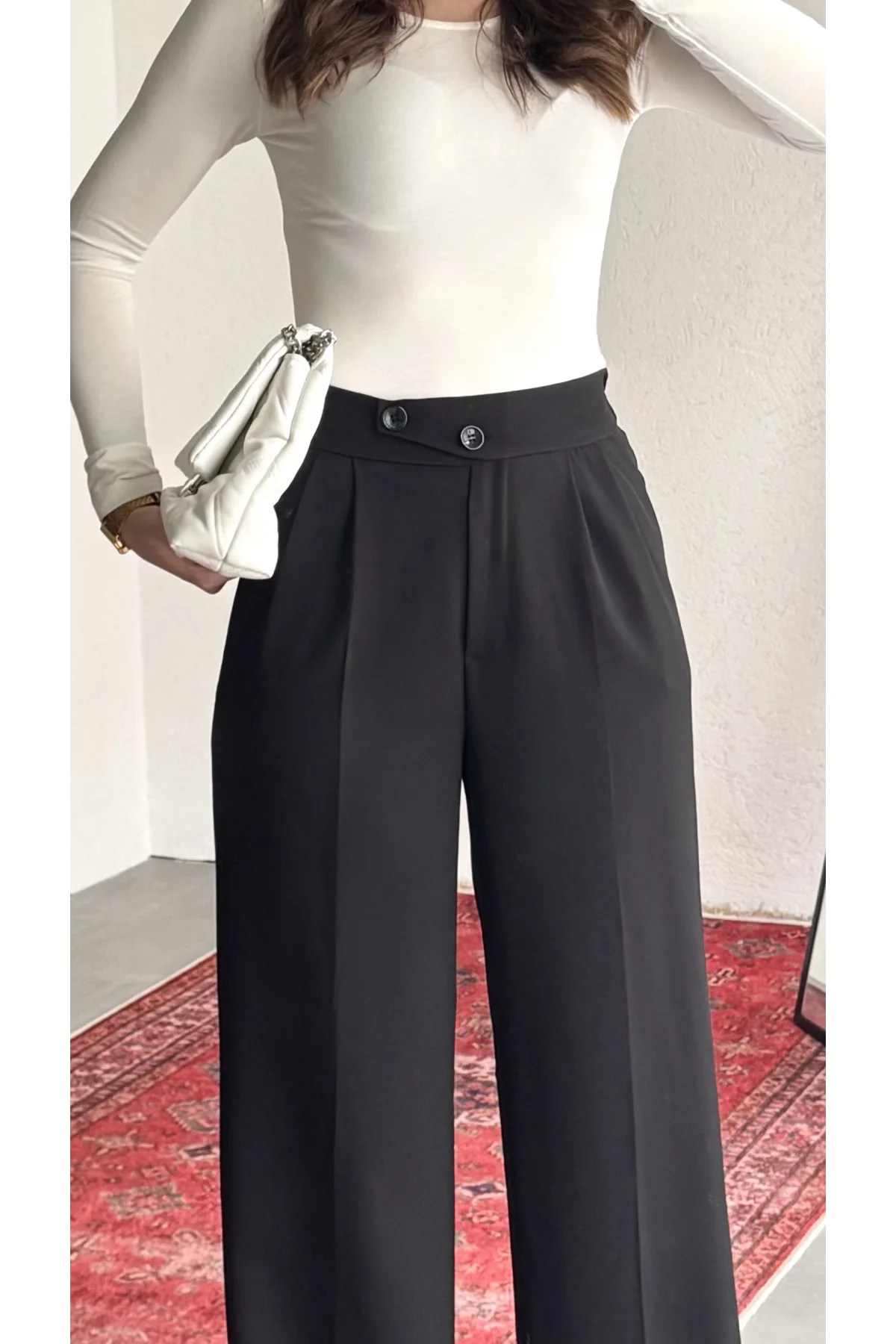 Kadın Siyah Yüksek Bel Pileli Bol Paça Beli Lastikli Kore Model Kumaş Pantolon