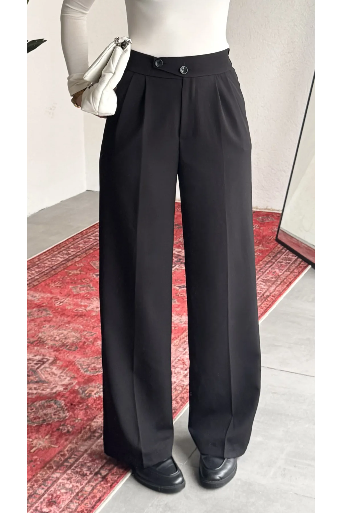 Kadın Siyah Yüksek Bel Pileli Bol Paça Beli Lastikli Kore Model Kumaş Pantolon