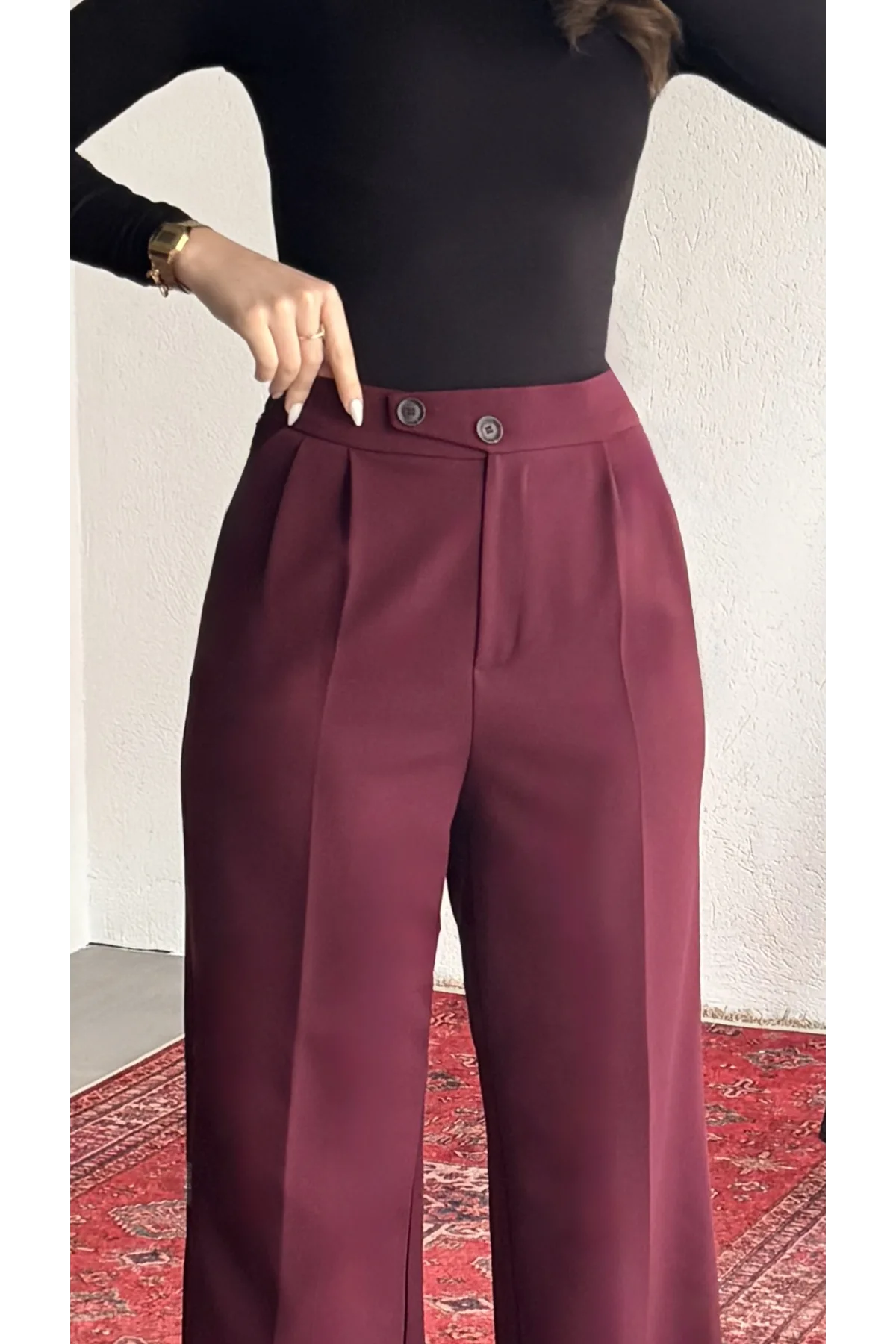 Kadın Vişne Yüksek Bel Pileli Bol Paça Beli Lastikli Kore Model Kumaş Pantolon