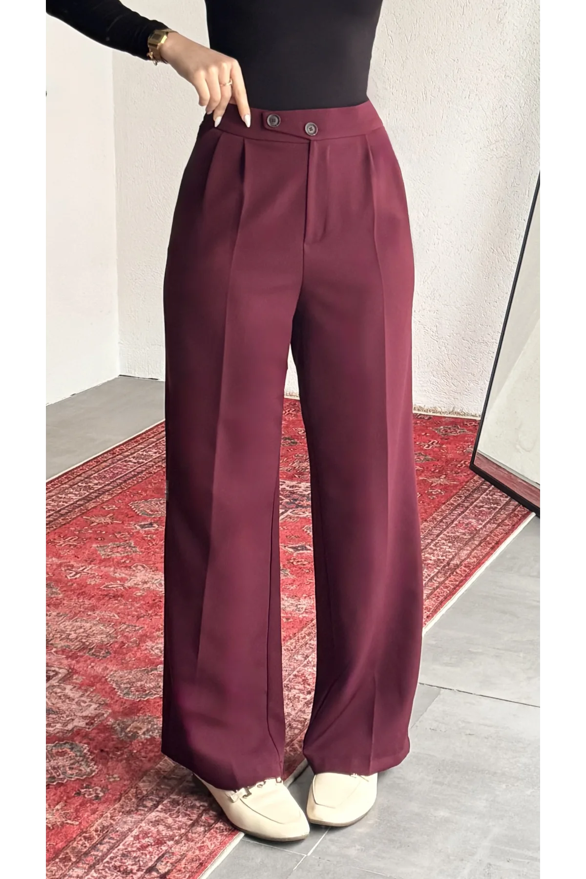 Kadın Vişne Yüksek Bel Pileli Bol Paça Beli Lastikli Kore Model Kumaş Pantolon