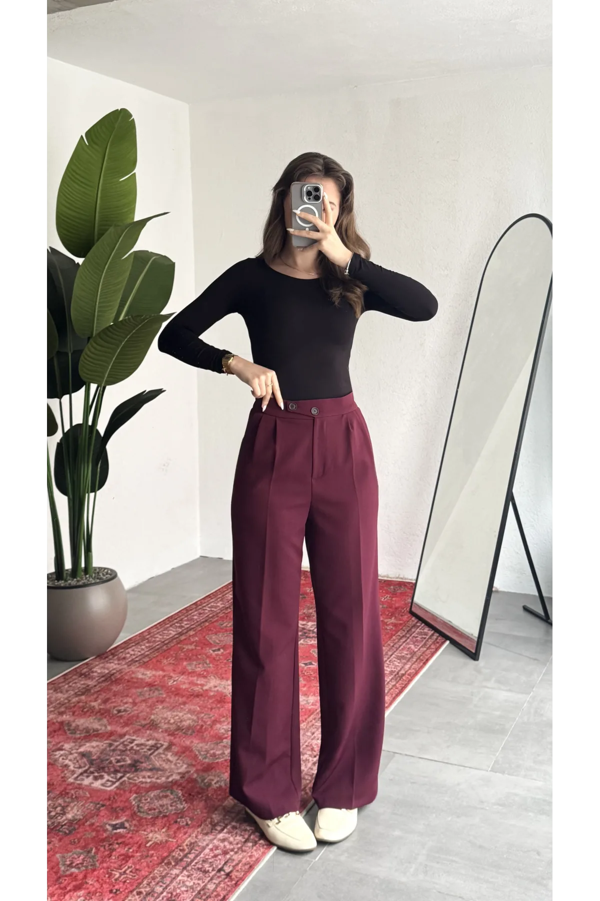 Kadın Vişne Yüksek Bel Pileli Bol Paça Beli Lastikli Kore Model Kumaş Pantolon