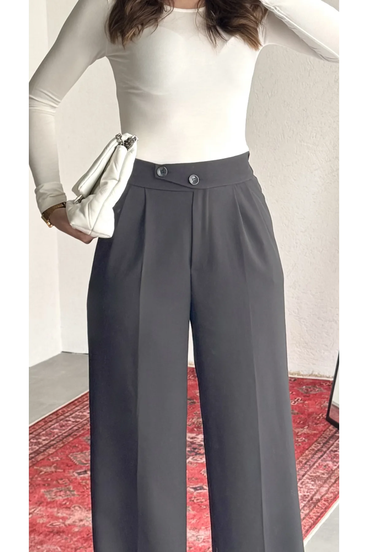 Kadın Antrasit Yüksek Bel Pileli Bol Paça Beli Lastikli Kore Model Kumaş Pantolon