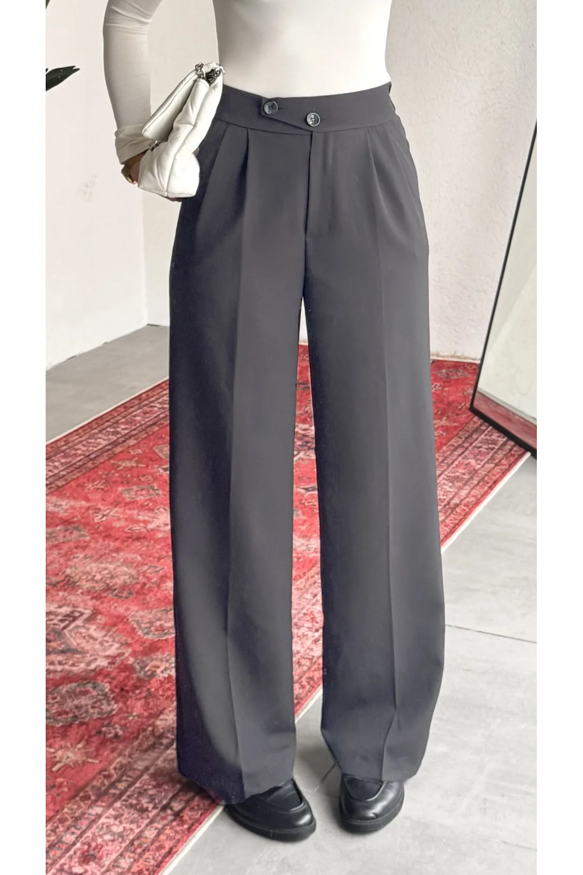 Kadın Antrasit Yüksek Bel Pileli Bol Paça Beli Lastikli Kore Model Kumaş Pantolon