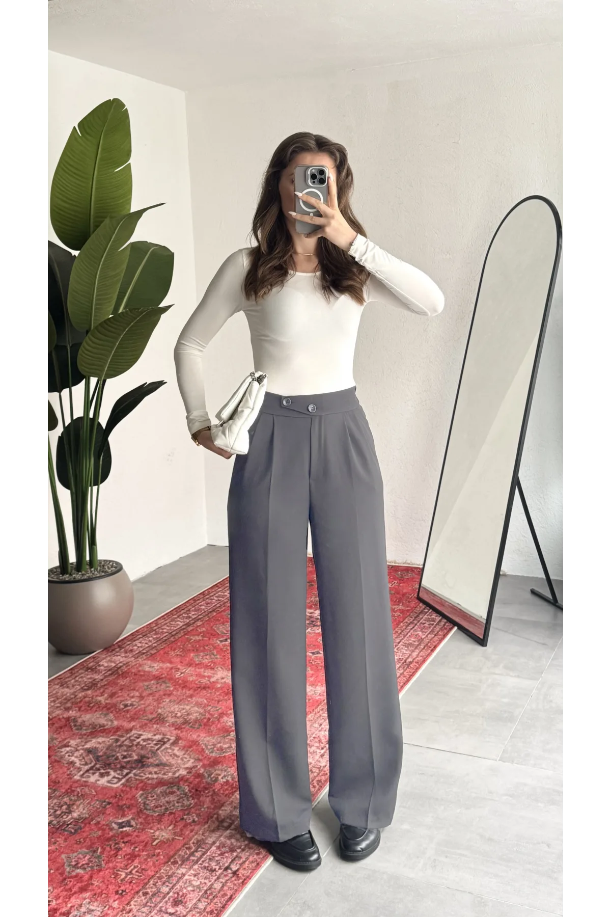 Kadın Antrasit Yüksek Bel Pileli Bol Paça Beli Lastikli Kore Model Kumaş Pantolon