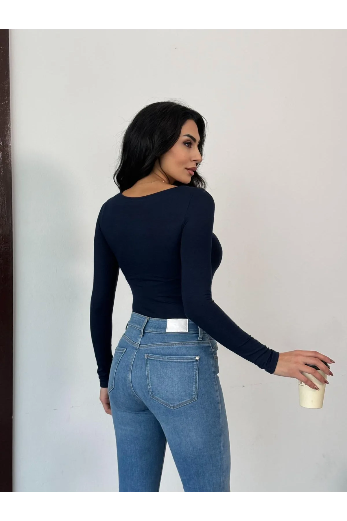 Kadın Açık Yaka Uzun Kollu Basic Body Bluz Lacivert