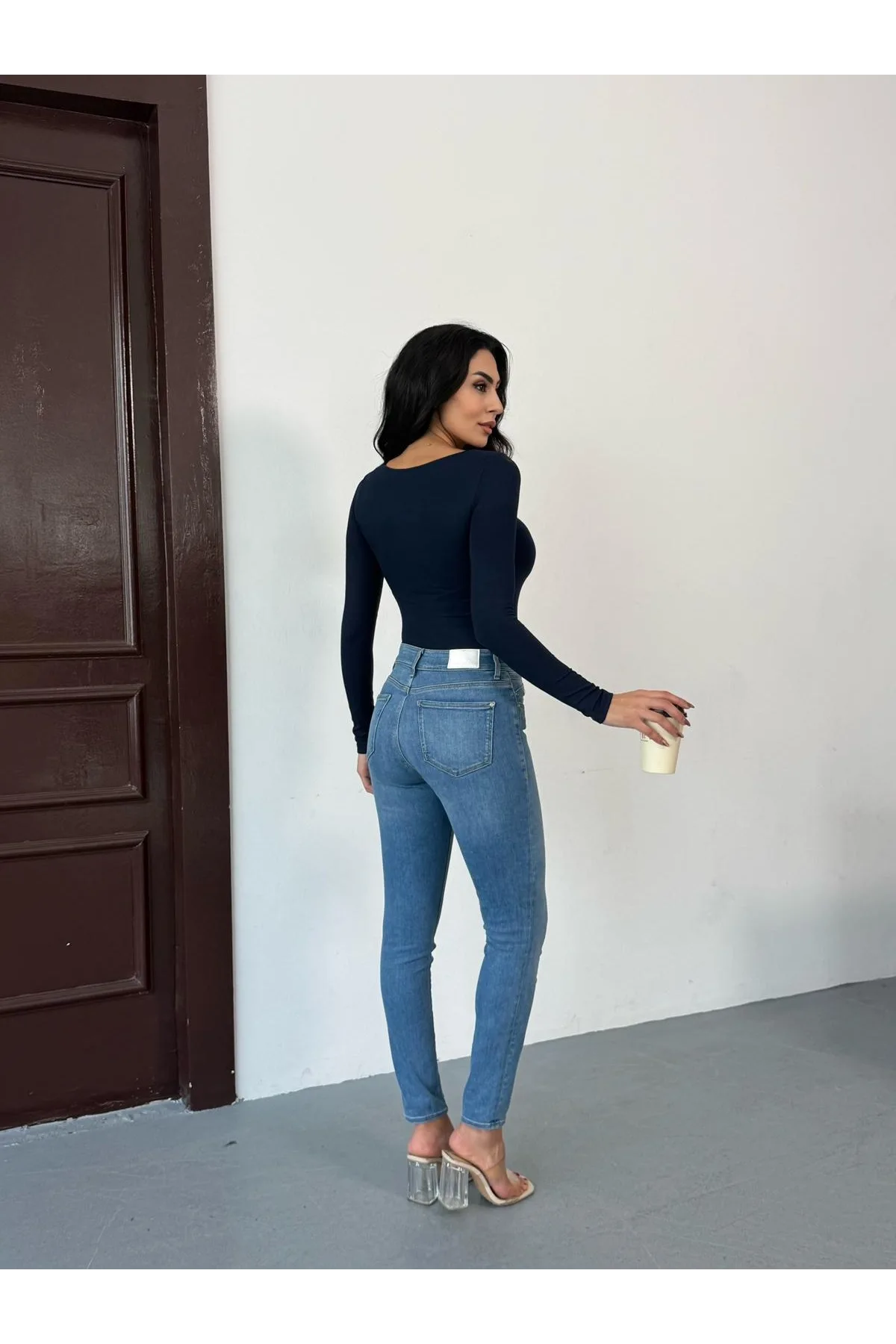 Kadın Açık Yaka Uzun Kollu Basic Body Bluz Lacivert