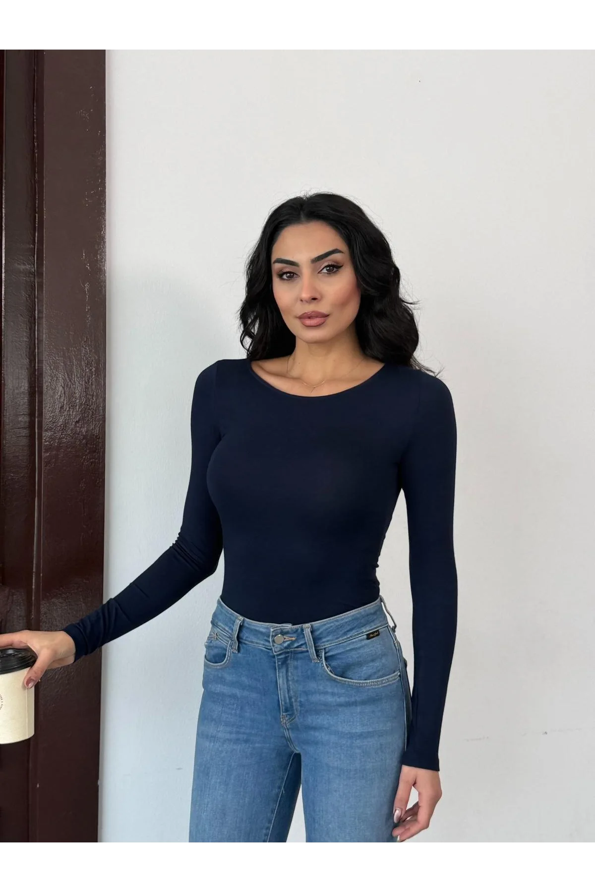 Kadın Açık Yaka Uzun Kollu Basic Body Bluz Lacivert