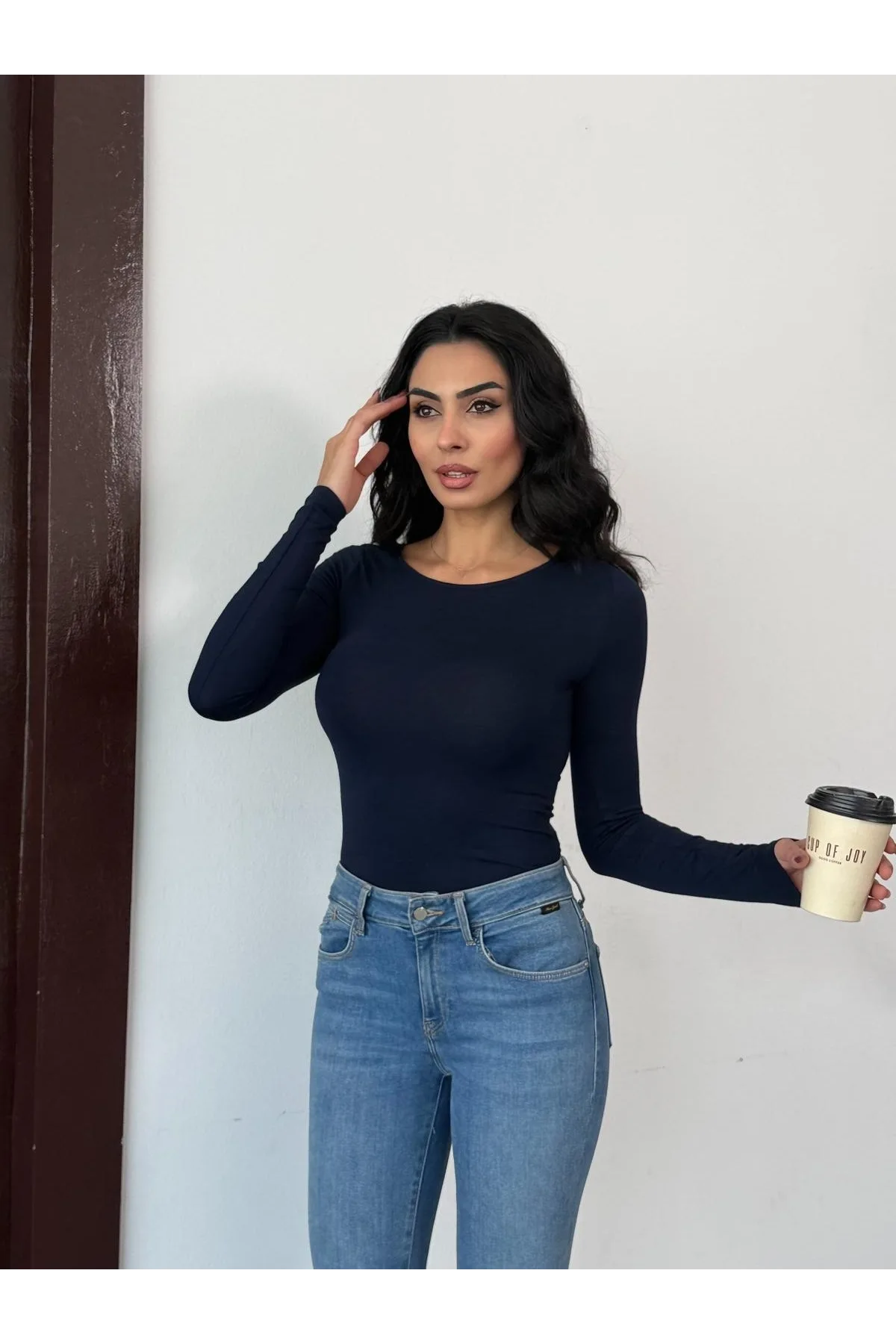 Kadın Açık Yaka Uzun Kollu Basic Body Bluz Lacivert