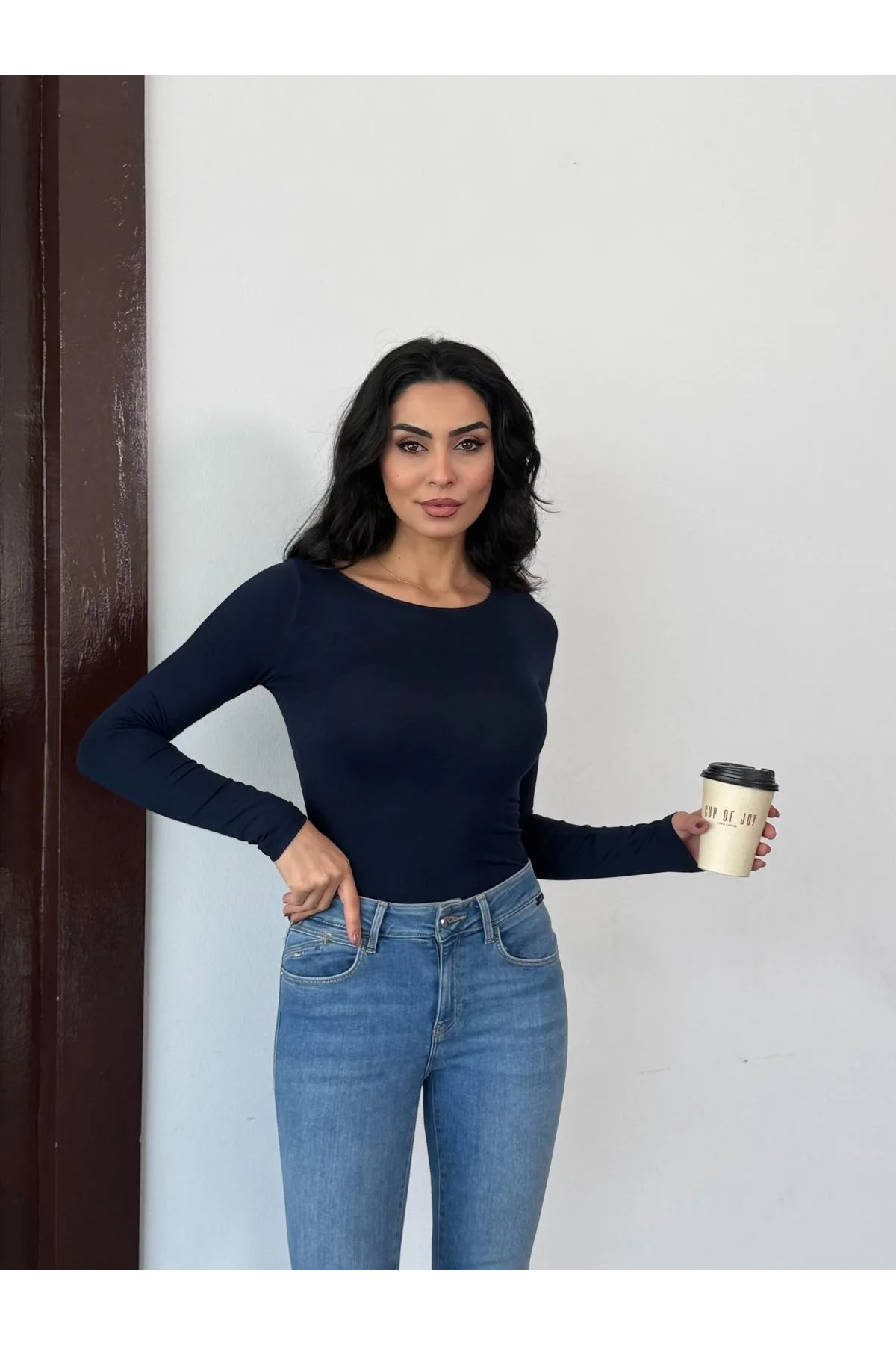 Kadın Açık Yaka Uzun Kollu Basic Body Bluz Lacivert