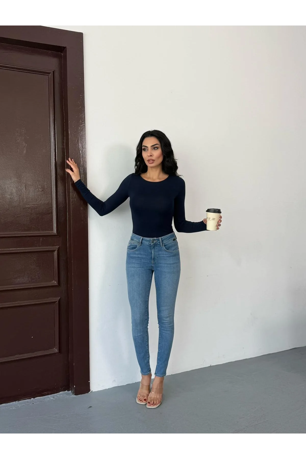 Kadın Açık Yaka Uzun Kollu Basic Body Bluz Lacivert