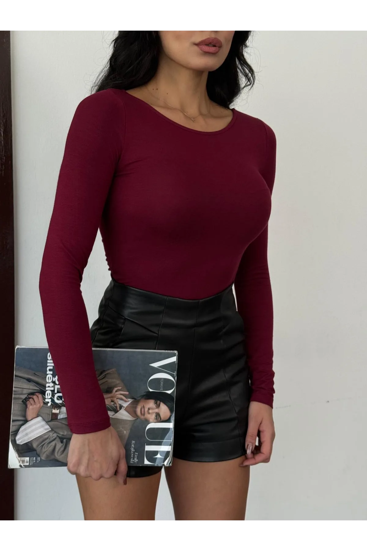 Kadın Açık Yaka Uzun Kollu Basic Body Bluz Bordo