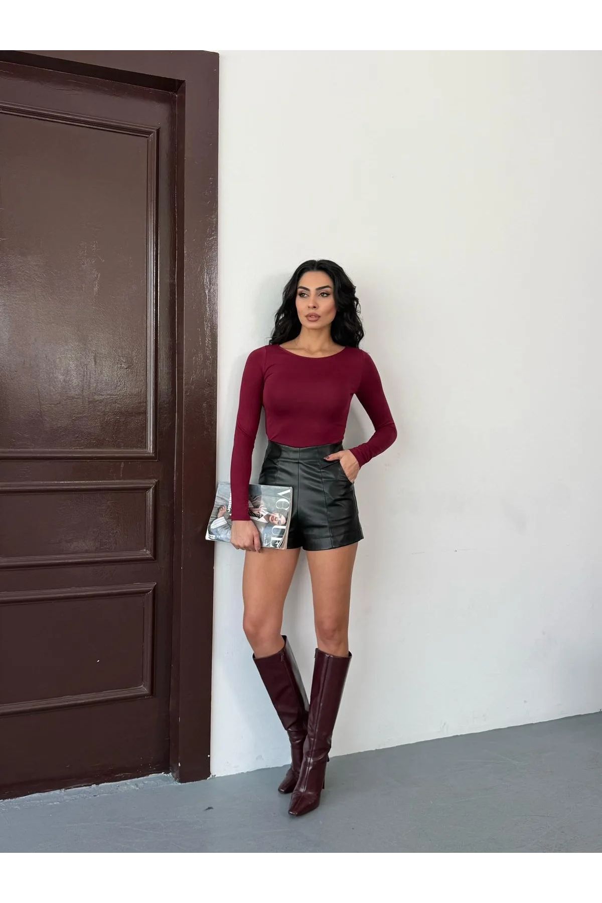 Kadın Açık Yaka Uzun Kollu Basic Body Bluz Bordo