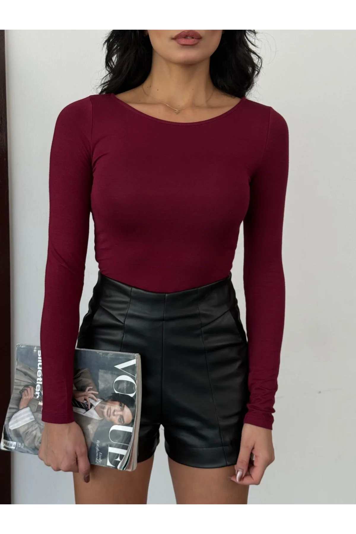 Kadın Açık Yaka Uzun Kollu Basic Body Bluz Bordo