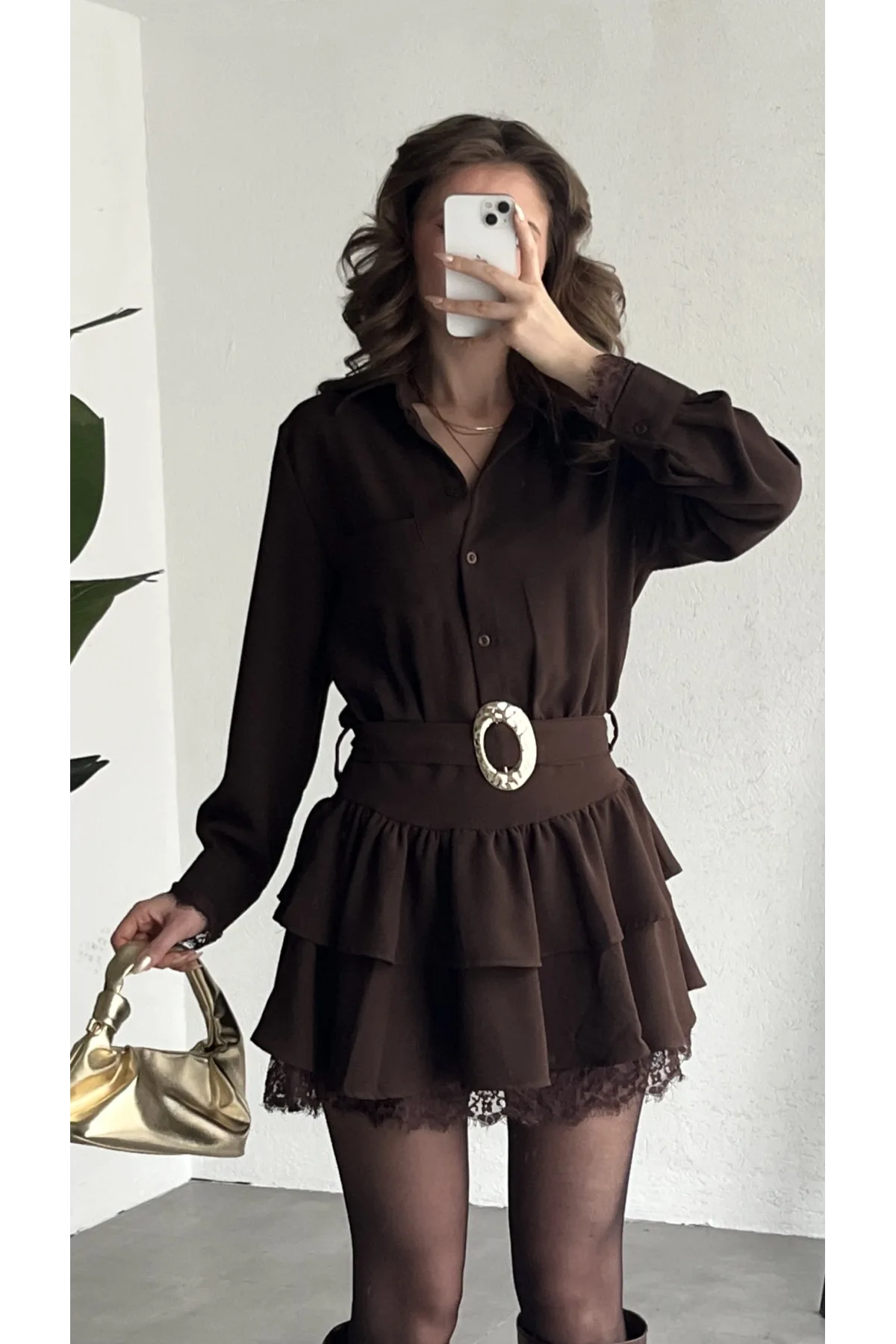 Kadın Kahverengi Kemer Detaylı Volanlı Gömlek Yaka Dantel Detaylı Mini Elbise