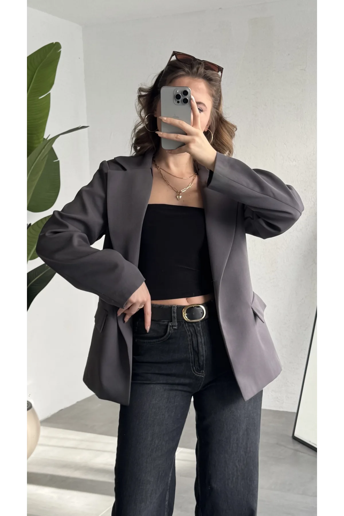 Kadın Antrasit Oversize Blazer Ceket Tek Düğmeli Klasik Ofis Ceketi Şık Günlük Kumaş Ceket