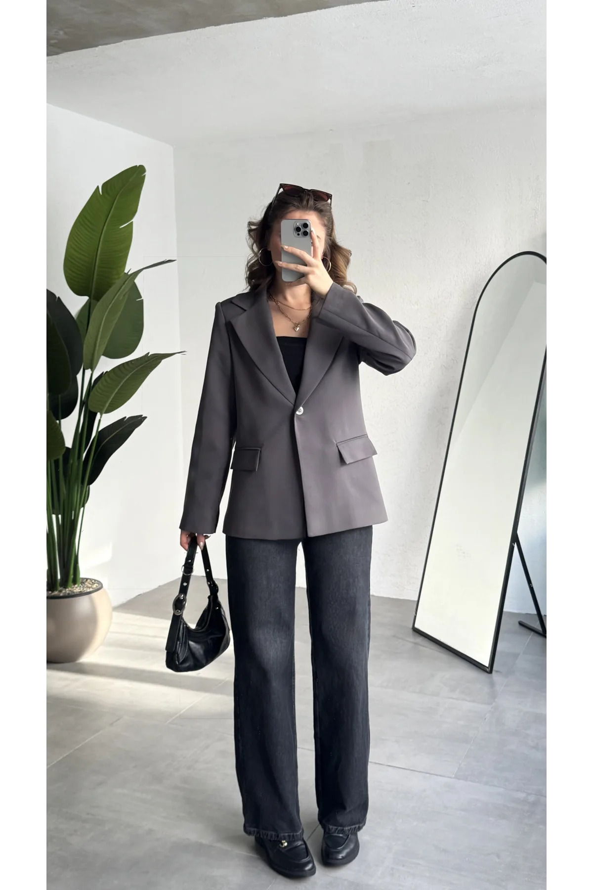 Kadın Antrasit Oversize Blazer Ceket Tek Düğmeli Klasik Ofis Ceketi Şık Günlük Kumaş Ceket
