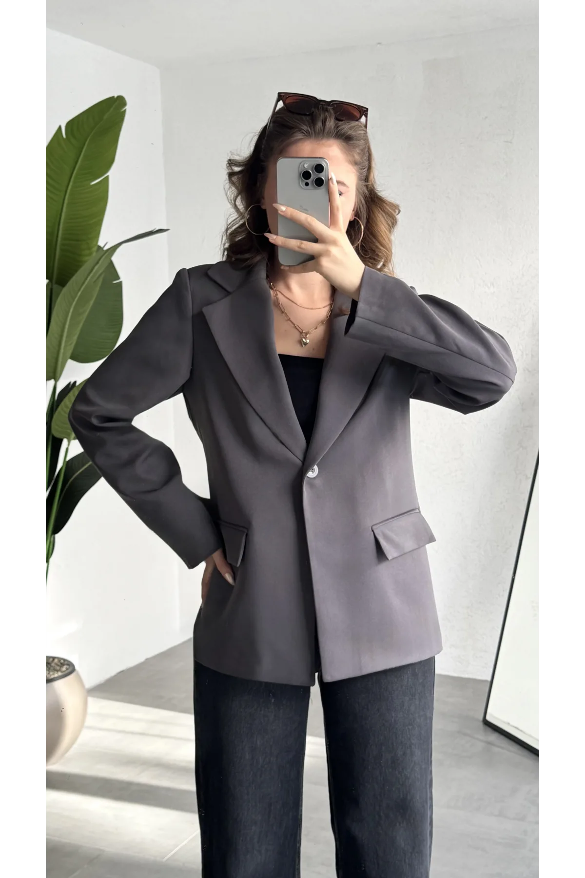 Kadın Antrasit Oversize Blazer Ceket Tek Düğmeli Klasik Ofis Ceketi Şık Günlük Kumaş Ceket