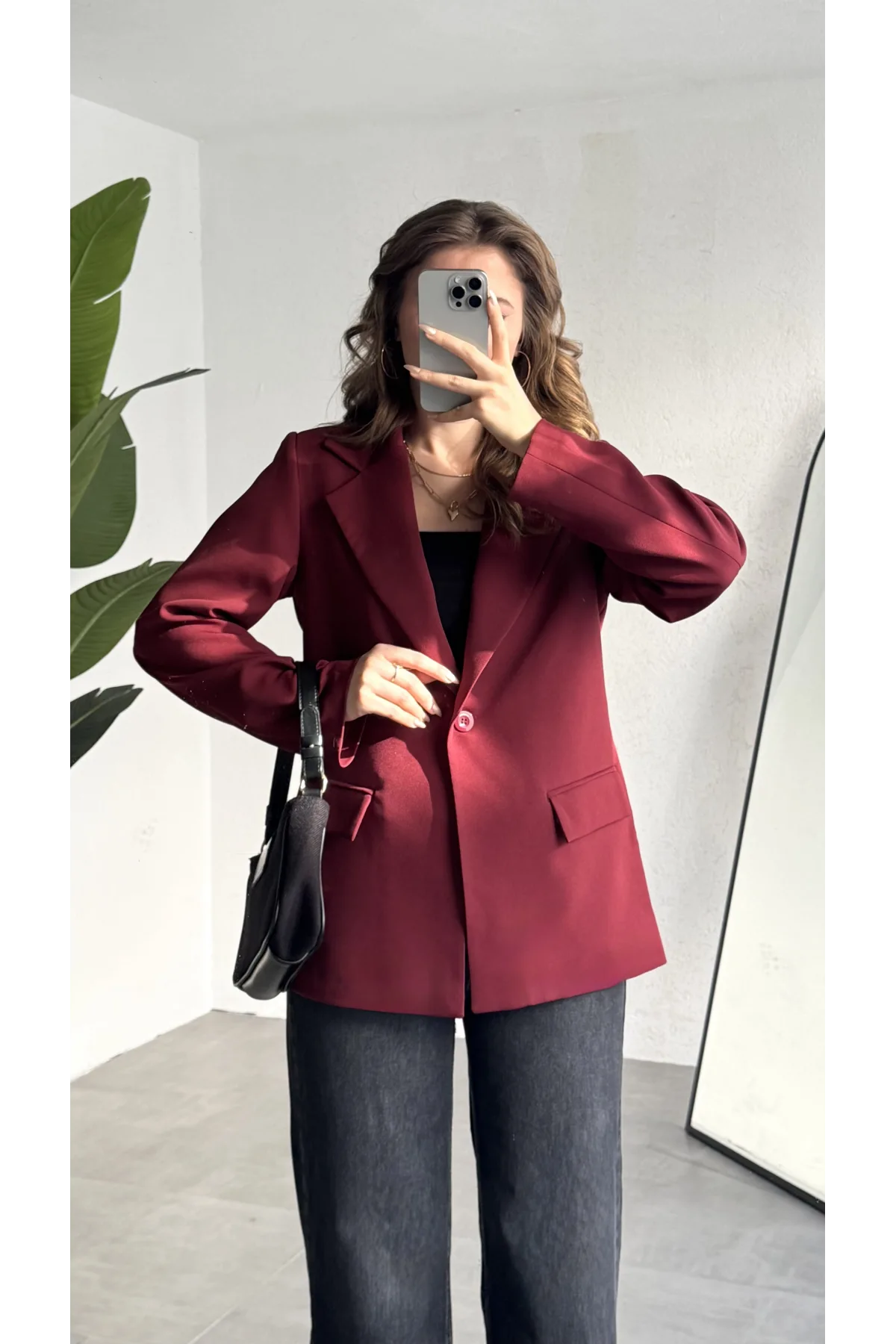 Kadın Bordo Oversize Blazer Ceket Tek Düğmeli Klasik Ofis Ceketi Şık Günlük Kumaş Ceket