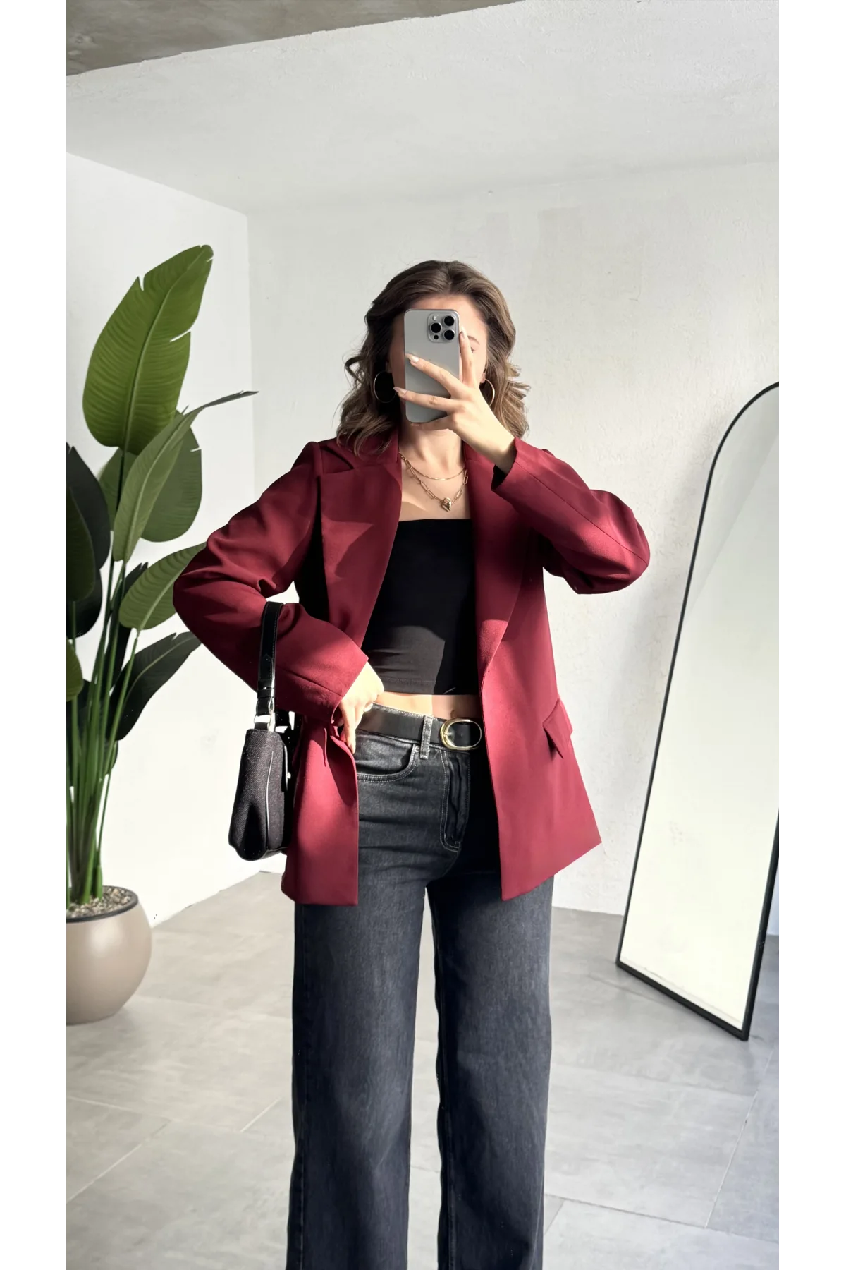 Kadın Bordo Oversize Blazer Ceket Tek Düğmeli Klasik Ofis Ceketi Şık Günlük Kumaş Ceket