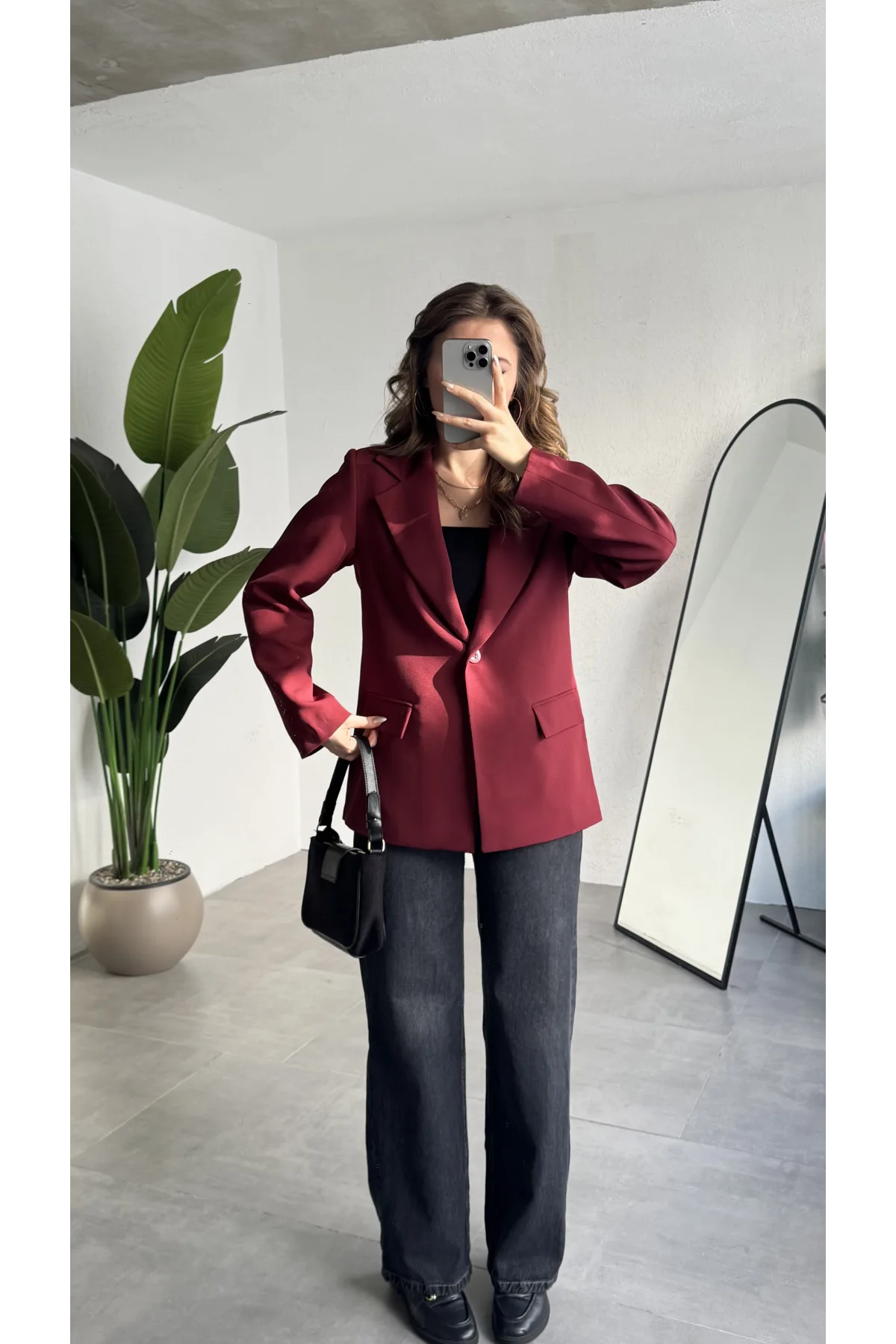 Kadın Bordo Oversize Blazer Ceket Tek Düğmeli Klasik Ofis Ceketi Şık Günlük Kumaş Ceket