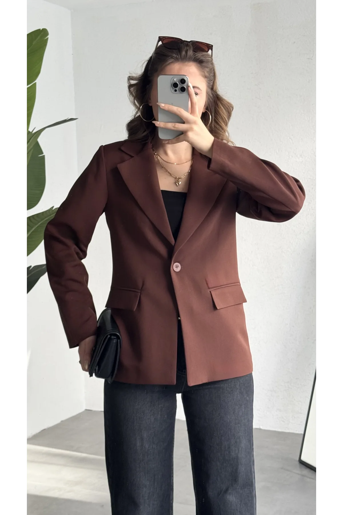 Kadın Kahverengi Oversize Blazer Ceket Tek Düğmeli Klasik Ofis Ceketi Şık Günlük Kumaş Ceket