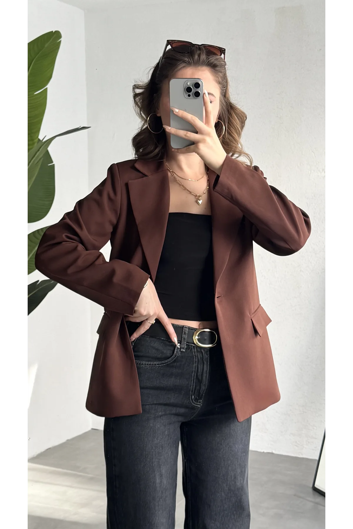 Kadın Kahverengi Oversize Blazer Ceket Tek Düğmeli Klasik Ofis Ceketi Şık Günlük Kumaş Ceket