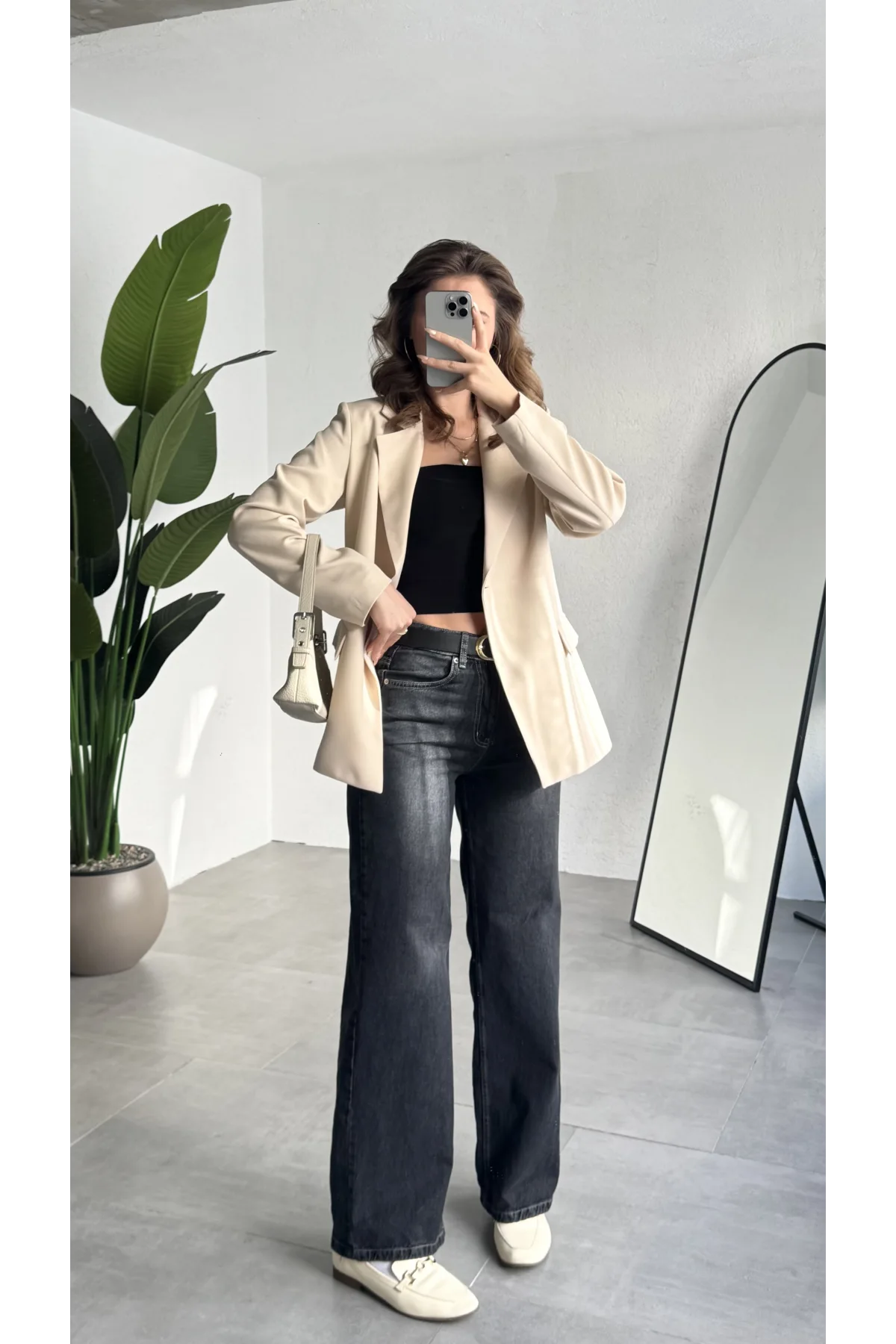 Kadın Krem Oversize Blazer Ceket Tek Düğmeli Klasik Ofis Ceketi Şık Günlük Kumaş Ceket