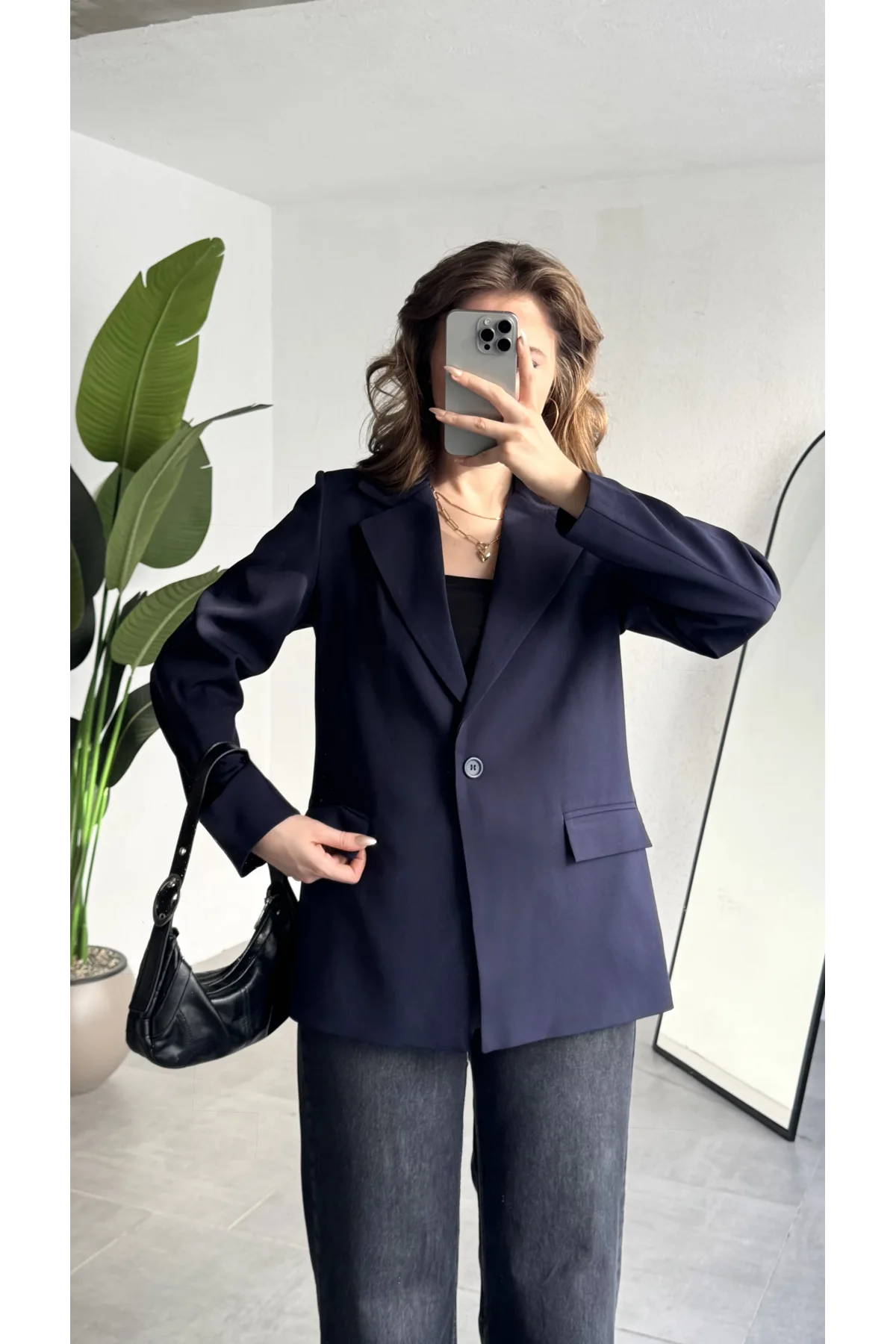 Kadın Lacivert Oversize Blazer Ceket Tek Düğmeli Klasik Ofis Ceketi Şık Günlük Kumaş Ceket