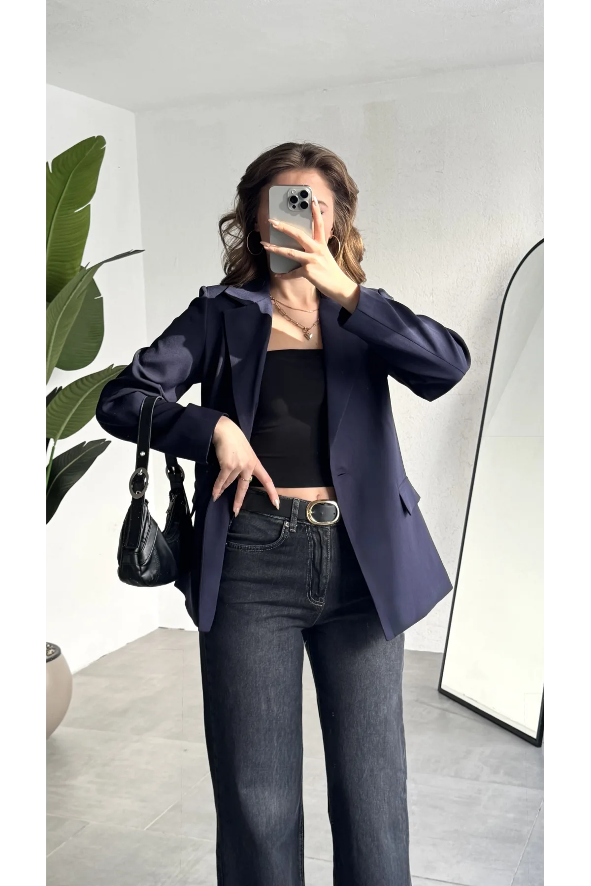 Kadın Lacivert Oversize Blazer Ceket Tek Düğmeli Klasik Ofis Ceketi Şık Günlük Kumaş Ceket