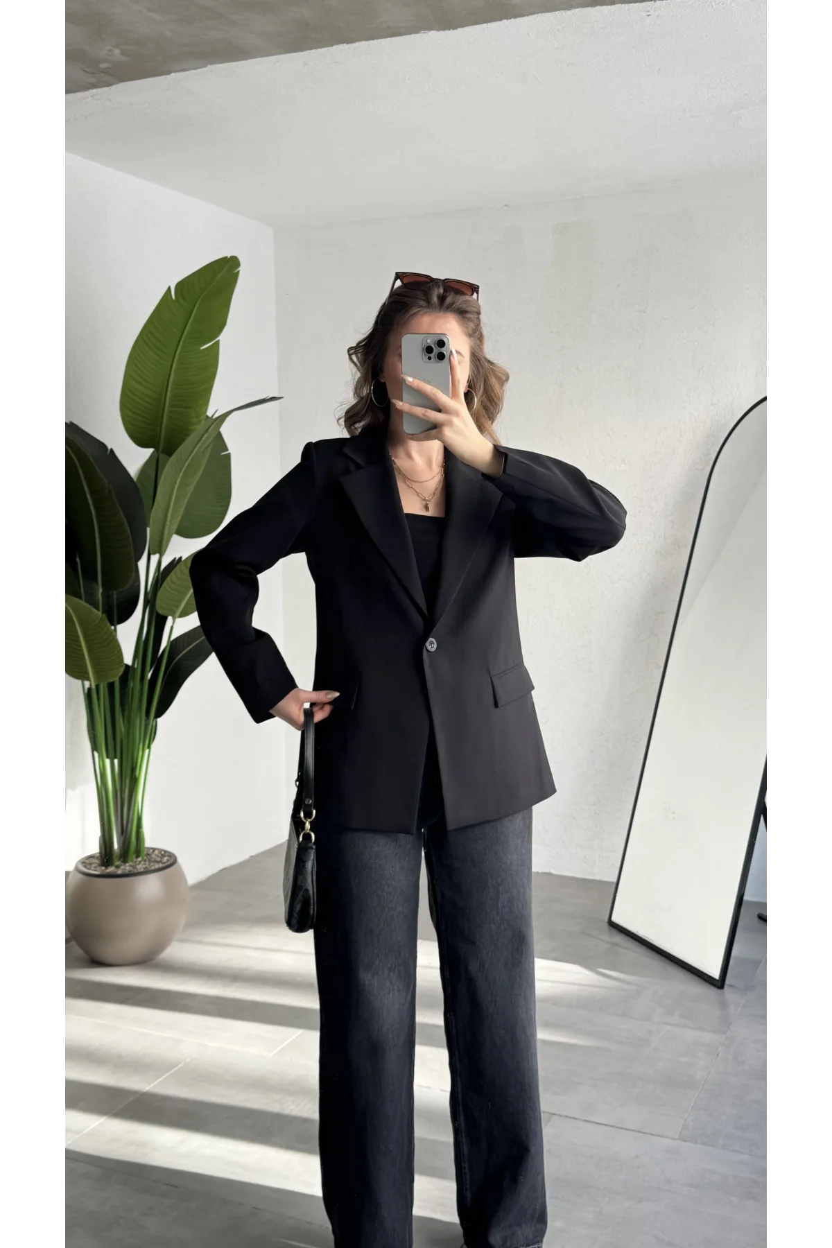 Kadın Siyah Oversize Blazer Ceket Tek Düğmeli Klasik Ofis Ceketi Şık Günlük Kumaş Ceket