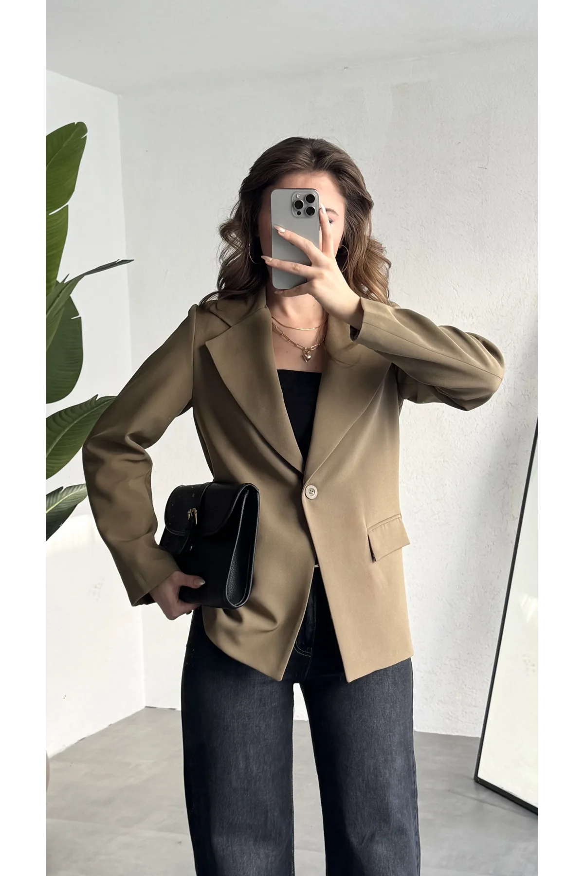 Kadın Haki Oversize Blazer Ceket Tek Düğmeli Klasik Ofis Ceketi Şık Günlük Kumaş Ceket