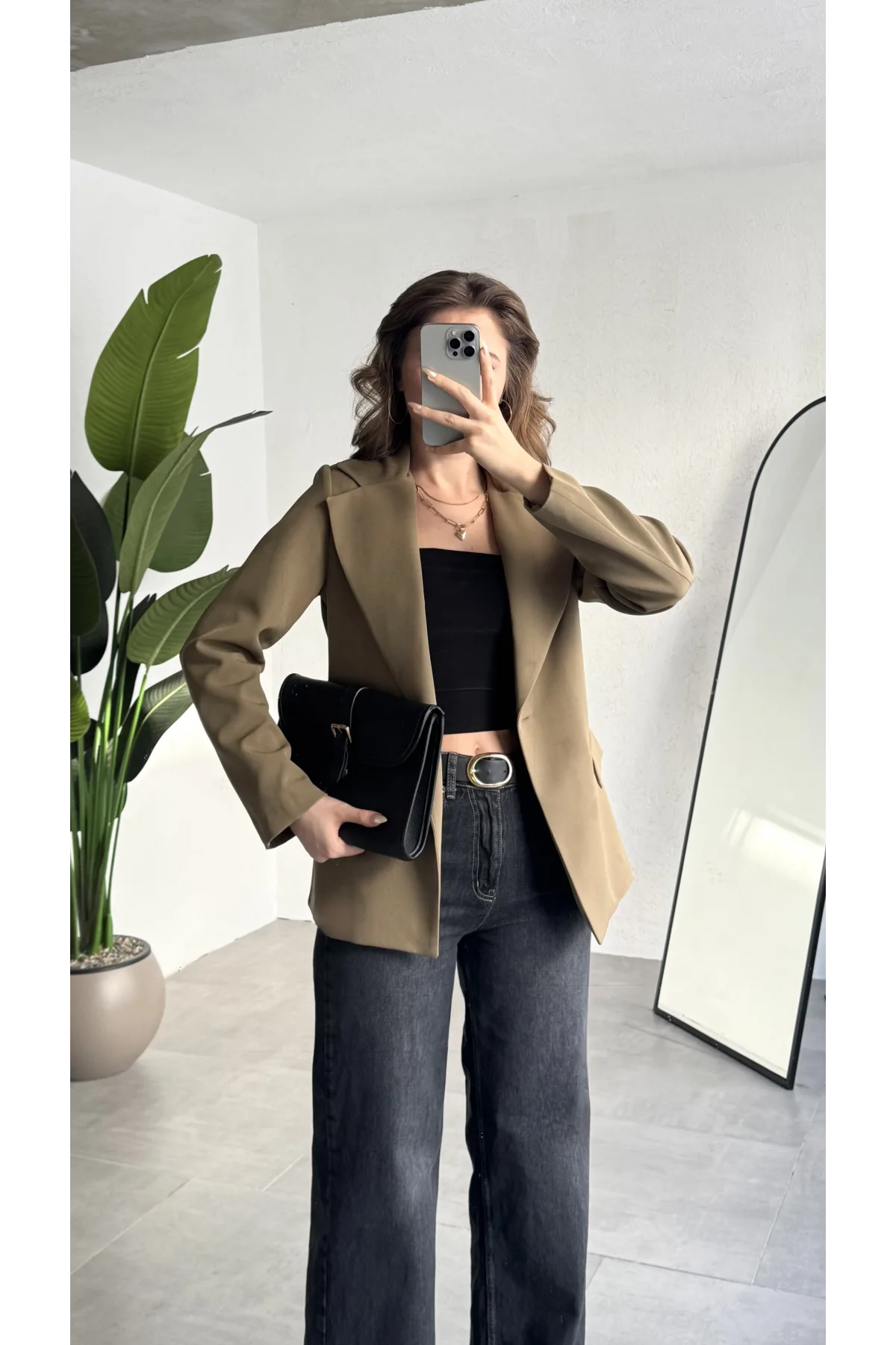 Kadın Haki Oversize Blazer Ceket Tek Düğmeli Klasik Ofis Ceketi Şık Günlük Kumaş Ceket