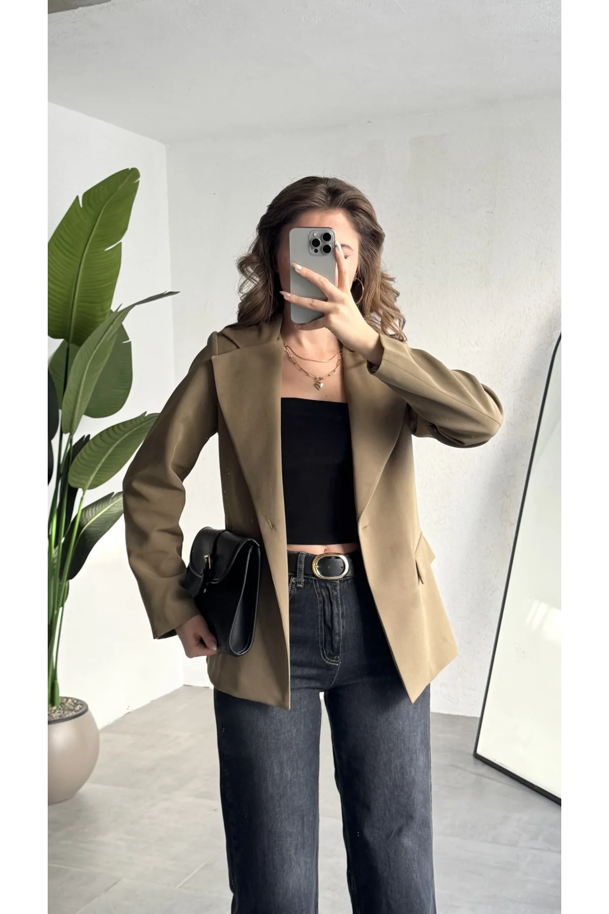 Kadın Haki Oversize Blazer Ceket Tek Düğmeli Klasik Ofis Ceketi Şık Günlük Kumaş Ceket