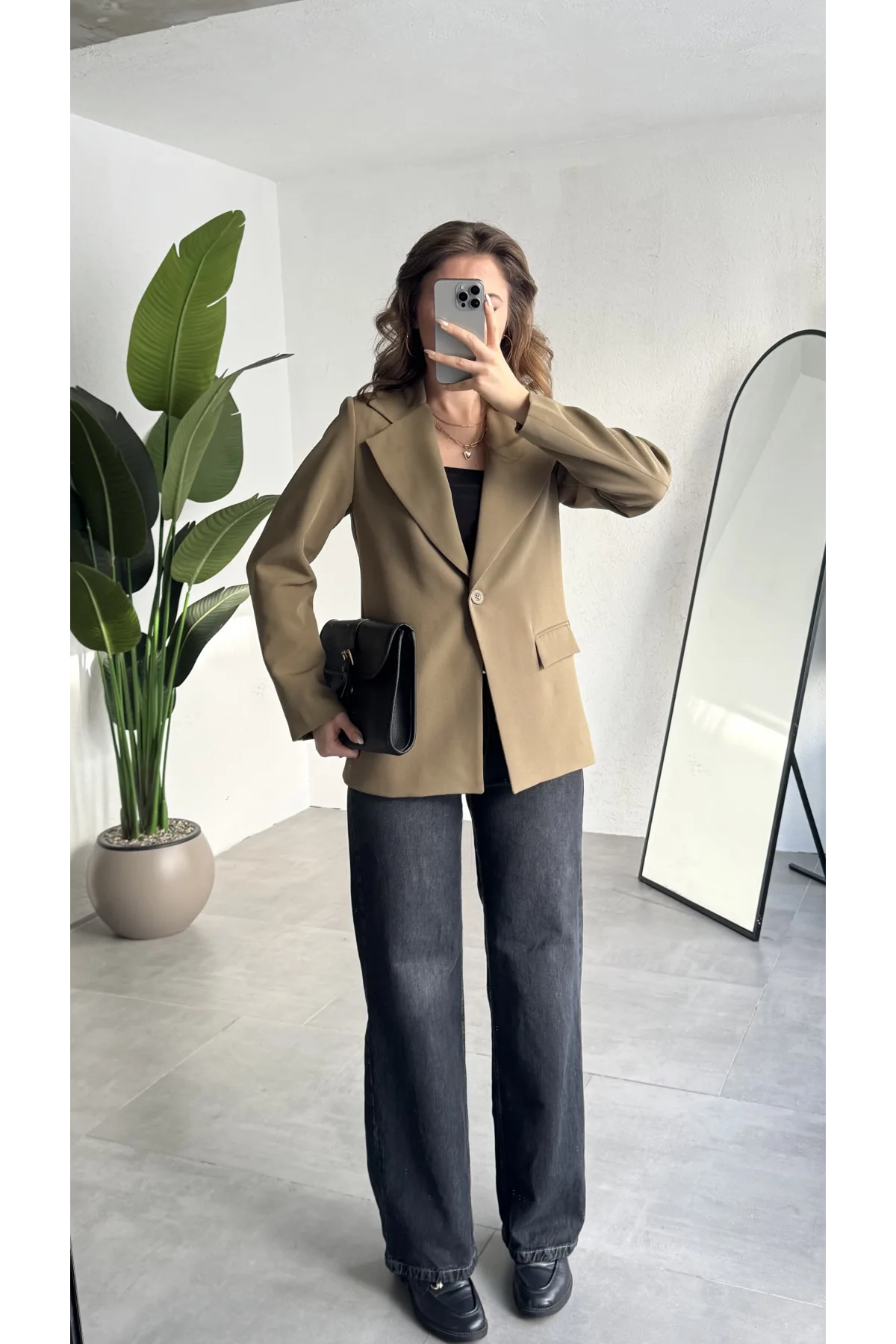 Kadın Haki Oversize Blazer Ceket Tek Düğmeli Klasik Ofis Ceketi Şık Günlük Kumaş Ceket